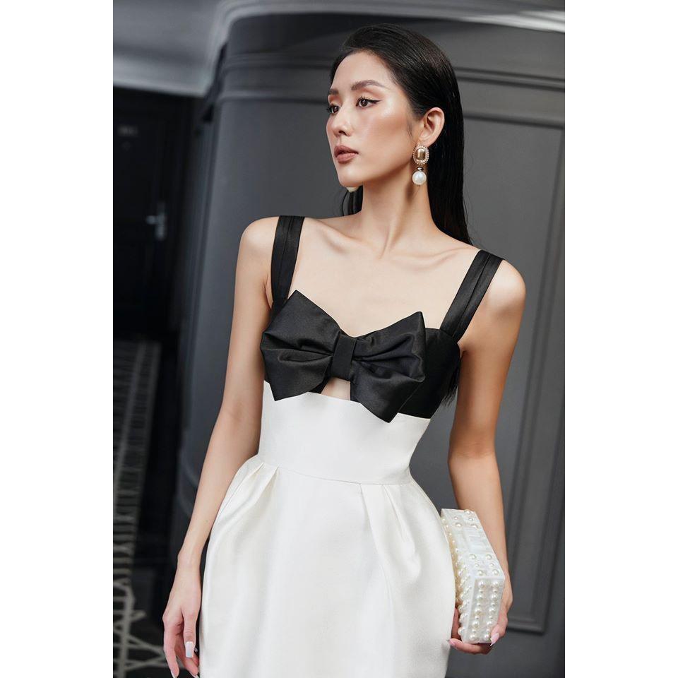 Đầm váy thiết kế tafta đứng form hai dây đính nơ khoét ngực trắng đen đi biển dự tiệc dạo phố bigsize gợi cảm sexy