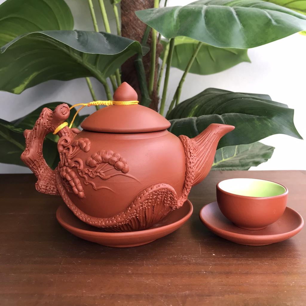 ẤM PHA TRÀ tử sa Bát Tràng hoạ tiết Lão Tùng đắp nổi dung tích 400ml