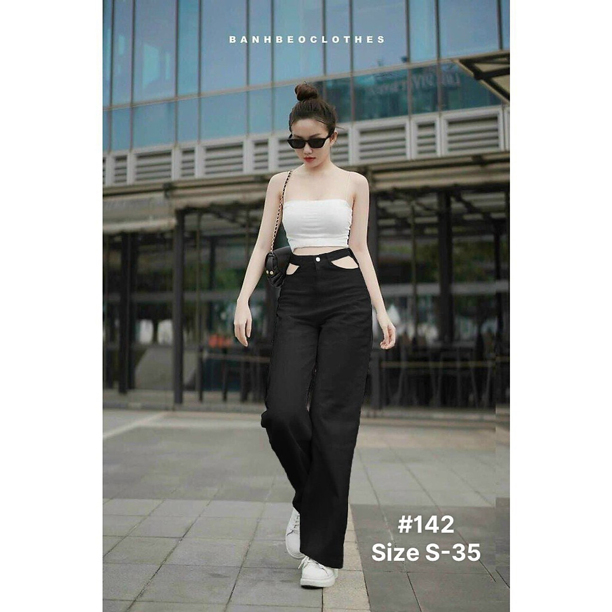 Quần baggy jean ống suông khoét eo