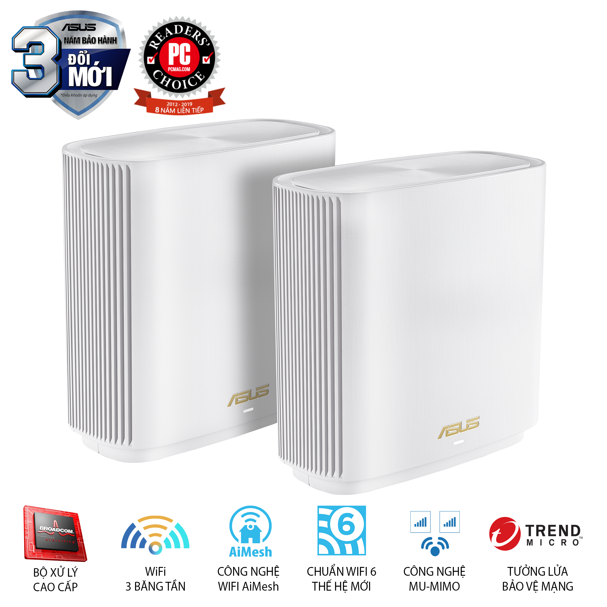 Hệ Thống MESH WI-FI 6 ASUS XT8 (W-2-PK) ZenWiFi Chuẩn AX6600 3 Băng Tần- Hàng Chính Hãng