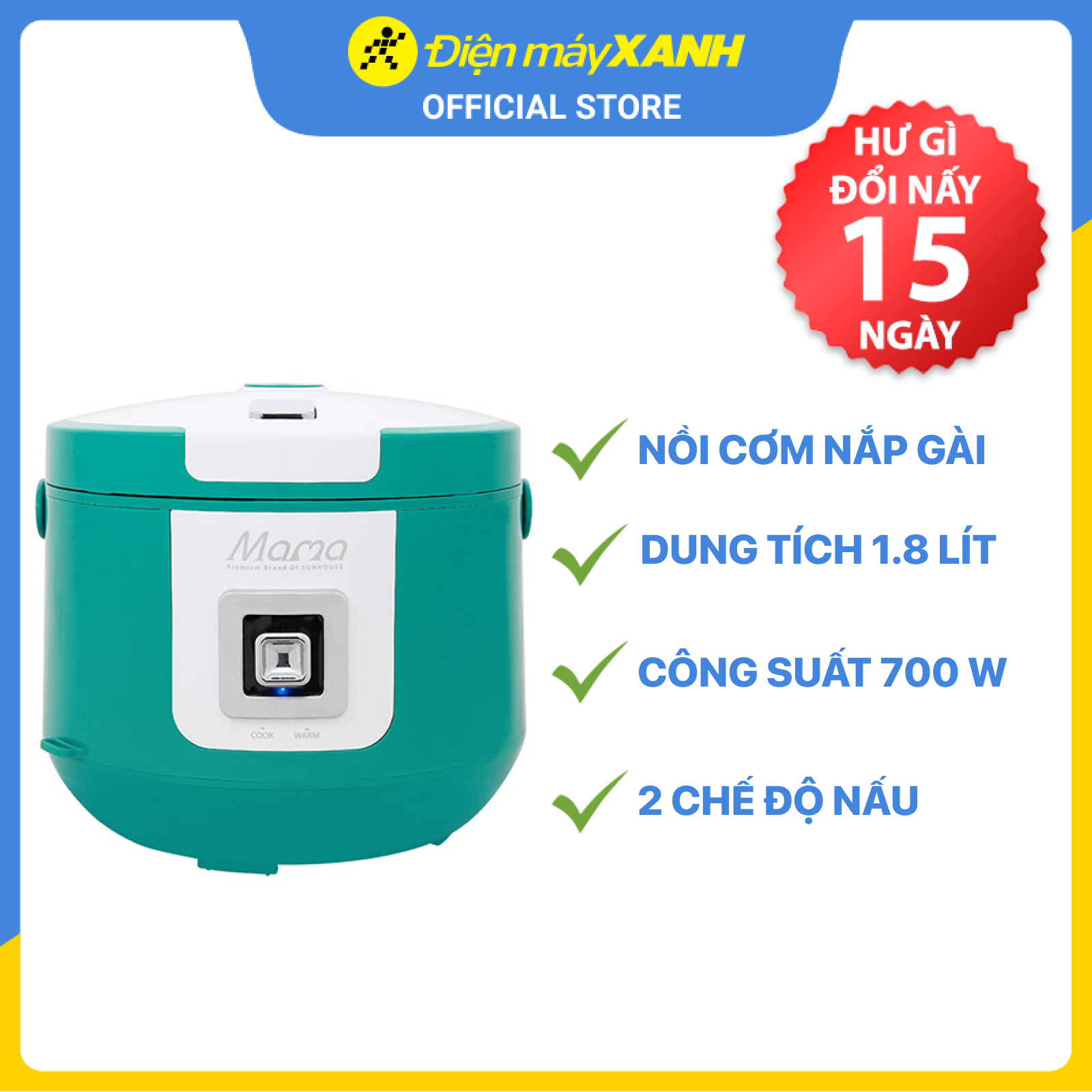 Nồi Cơm Điện Nắp Gài Sunhouse Mama SHD8658P (1.8 Lít)