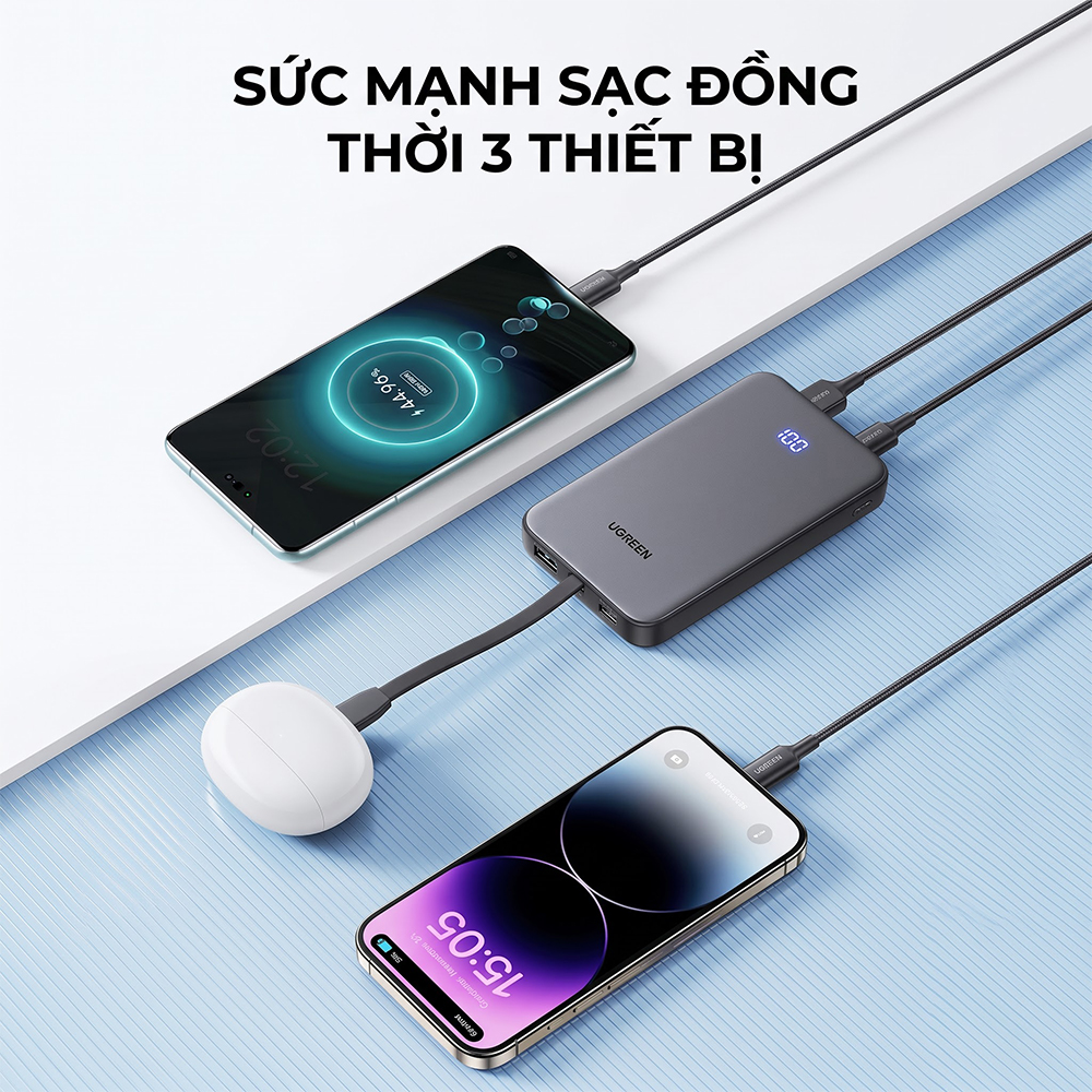 Sạc dự phòng Ugreen Power Bank Built-In Cable 1USB 1Type-C 20W 10000mAh PB526 75161B - Hàng chính hãng