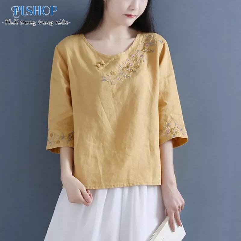 Áo trung niên nữ thêu hoa cổ V lịch sự nhã nhặn cho mẹ , bà đi chơi , đi tiệc