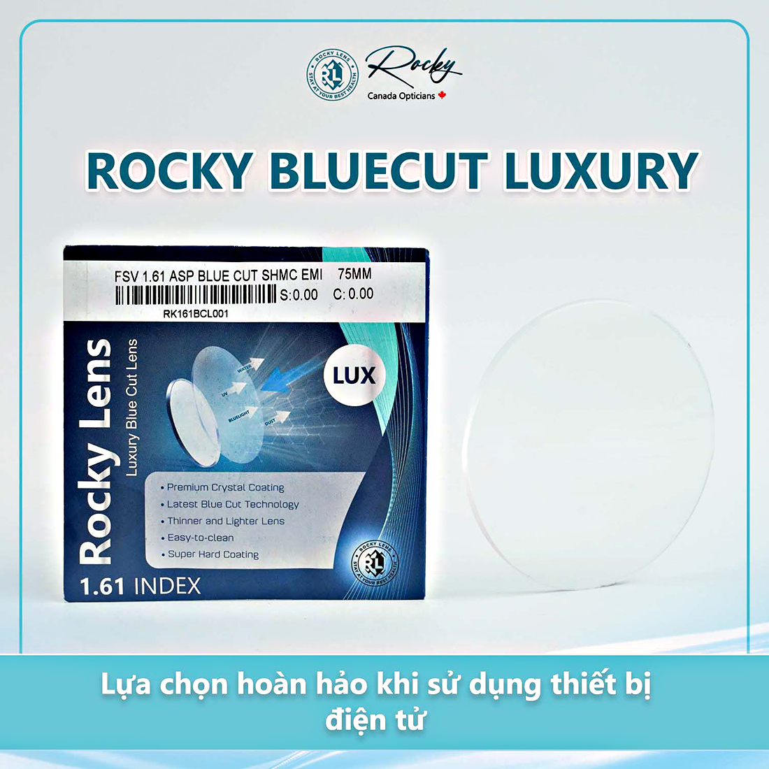 Tròng Kính Rocky Luxury Bluecut 1.61 ASP Chống Ánh Sáng Xanh