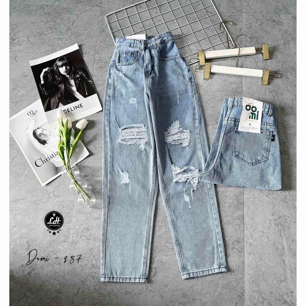 Quần baggy jean nữ rách tua rua 2 gối siêu lạ lưng cao siêu chất Lê Huy Fashion MS 287
