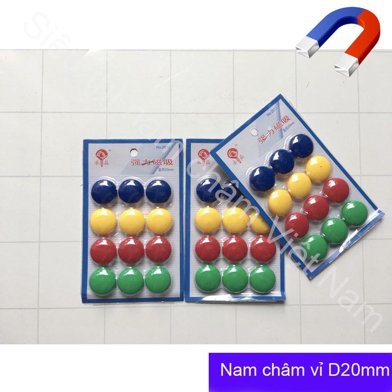 Vỉ nam châm 12 viên đính bảng từ nhiều màu sắc kích thước 20mm