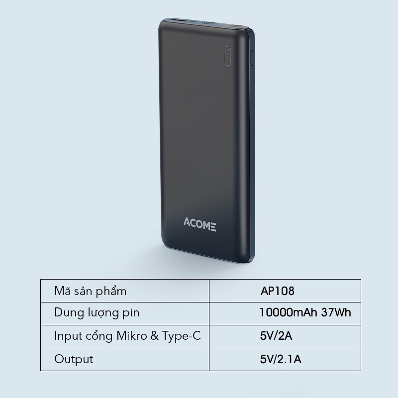 Pin Sạc Dự Phòng ACOME AP108 10000mAh 3 cổng Micro/Type-C/USB Hỗ trợ Sạc Nhanh Chuẩn QC 3.0 - Hàng chính hãng