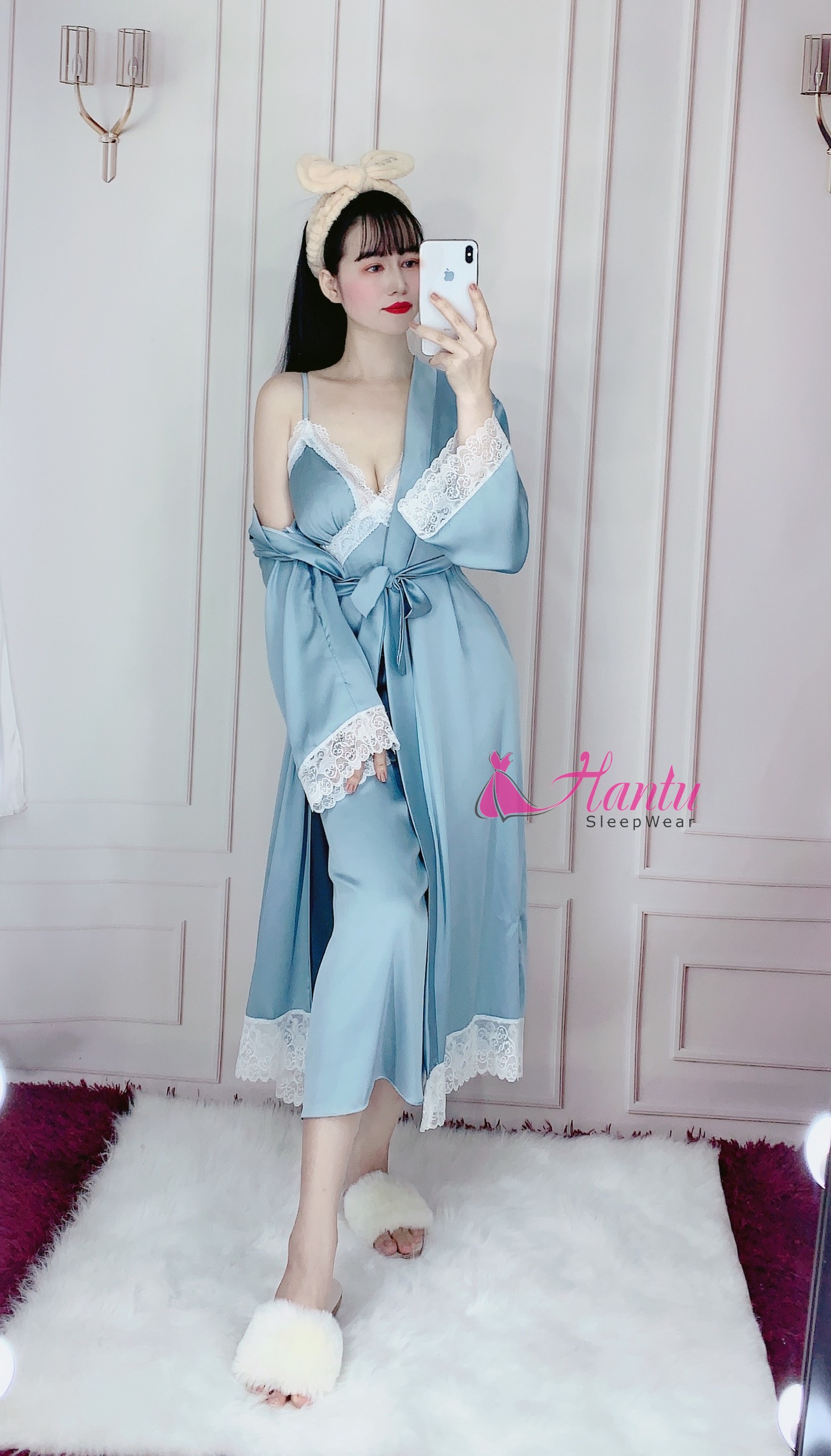 Hantu Sleepwear -Set áo choàng dài kèm váy ngủ lụa cao cấp dài quá gối mặc nhà sang trọng