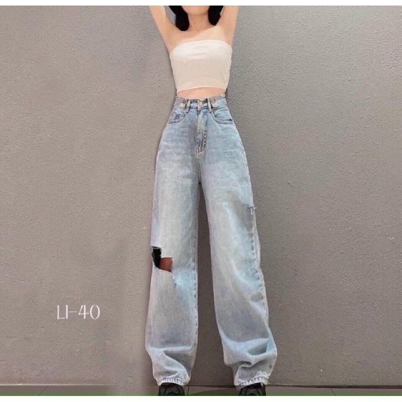 Quần baggy jeans rách gối ongs rộng lưng cao