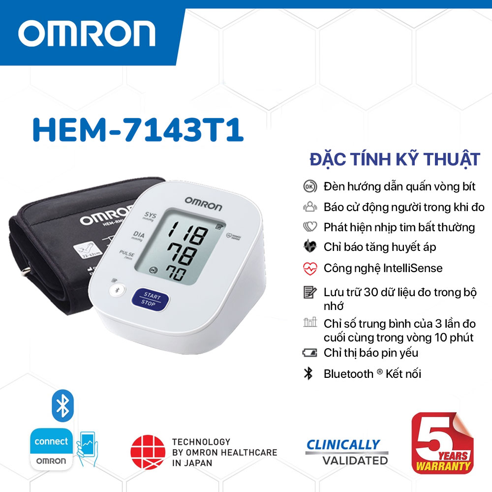 Máy đo huyết áp Omron HEM-7143T1 thao tác 1 nút ấn, lưu trữ 30 kết quả đo, kết nối Bluetooth tiện lợi, Model mới 2022 + Tặng Adapter thường