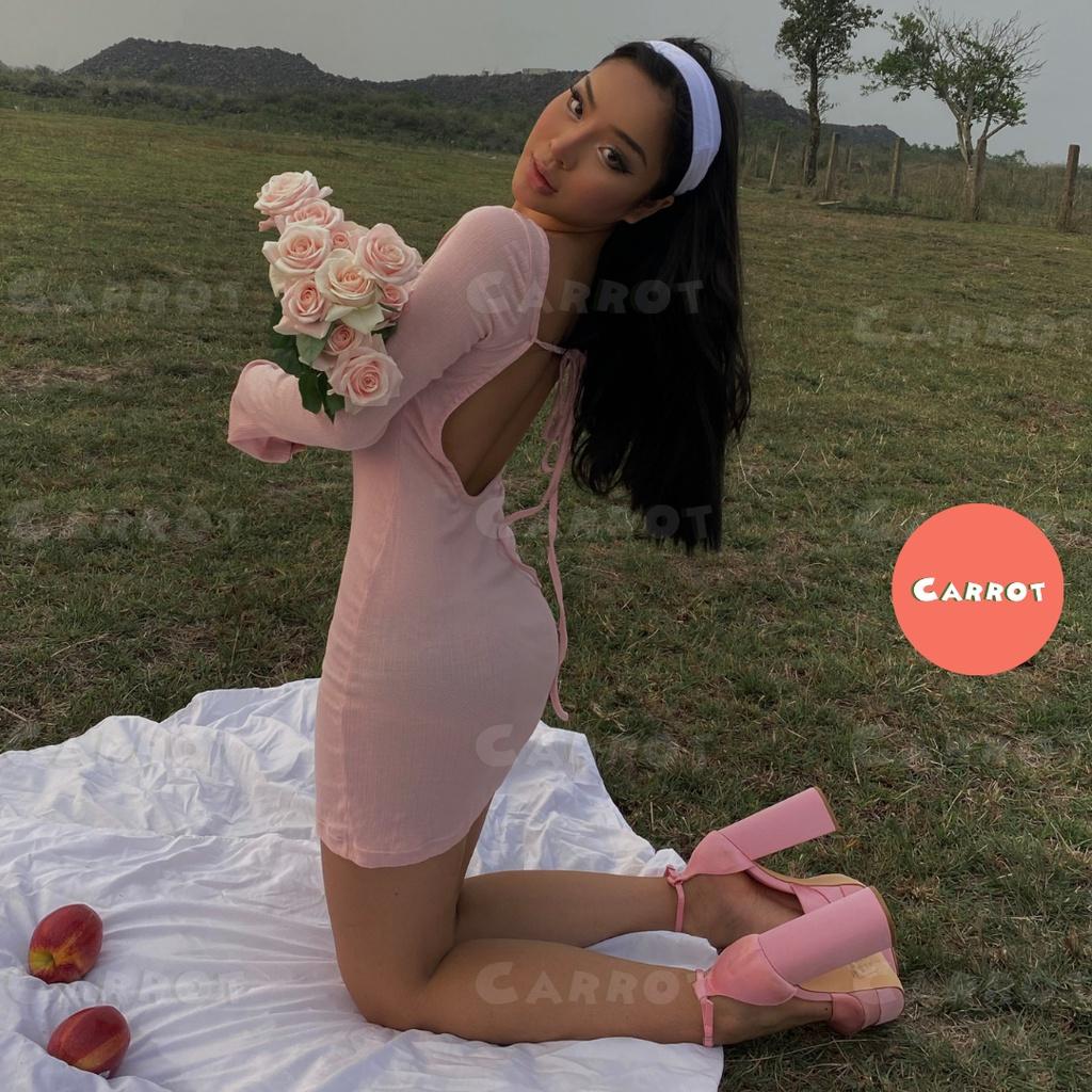 Đầm body hở lưng sexy váy ôm hồng sang chảnh cá tính khoét lưng tay dài thun co giãn tốt đi chơi carrotxinhdep-