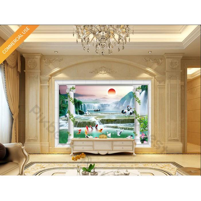 Tranh sơn thủy phong thủy cá chép và chim hồng hạc, Tranh dán tường 3d hiện đại MS968950