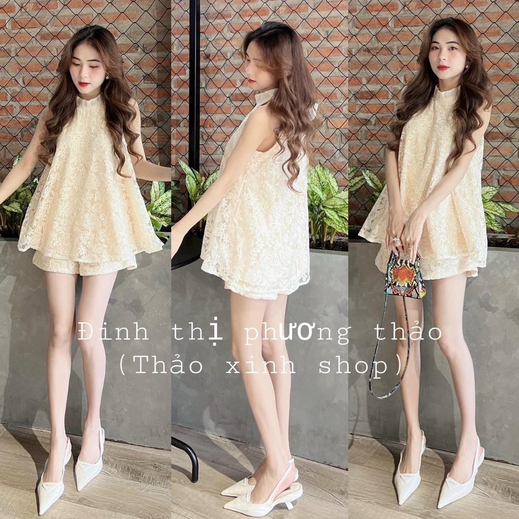 Set bộ đồ nữ cổ yếm xinh xắn với lưới bông 2 lớp dày dặn dành cho các nàng đi chơi, dạo phố