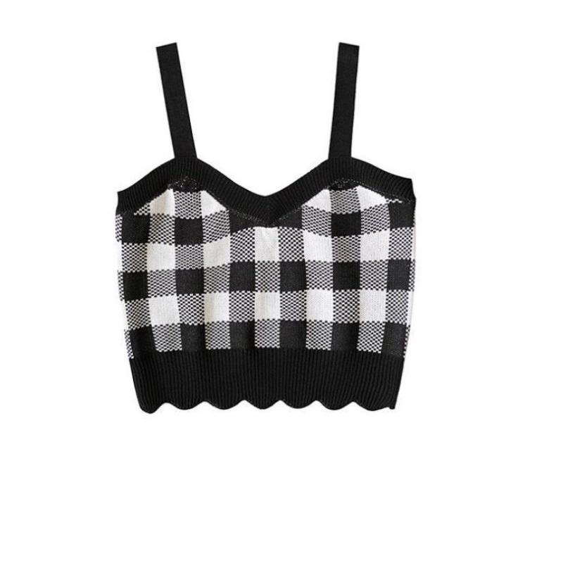 Áo len 2 dây dáng ngắn kẻ caro siêu xinh, free size từ 35_60kg