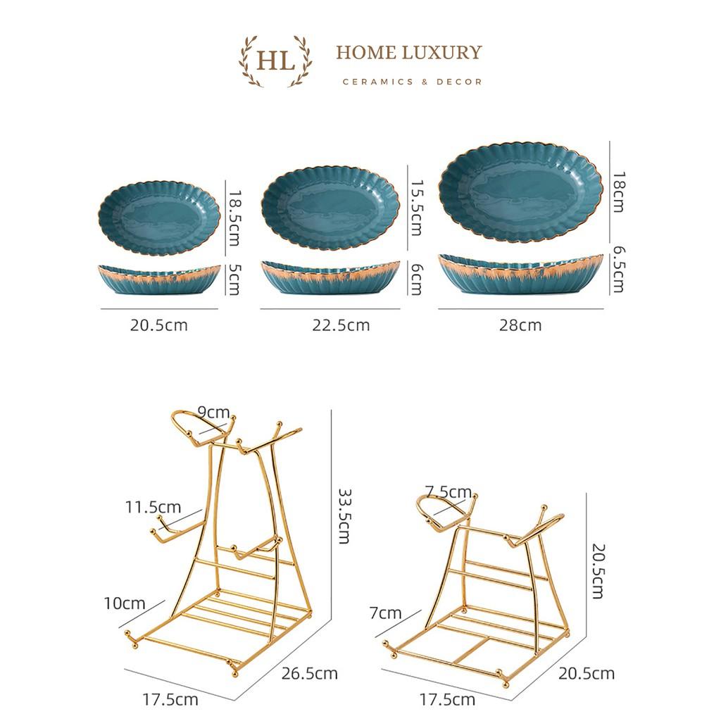 ĐĨA 2 3 TẦNG SỨ TRẮNG XANH VIỀN VÀNG VÂN SỌC KÈM KỆ INOX CAO CẤP 2022