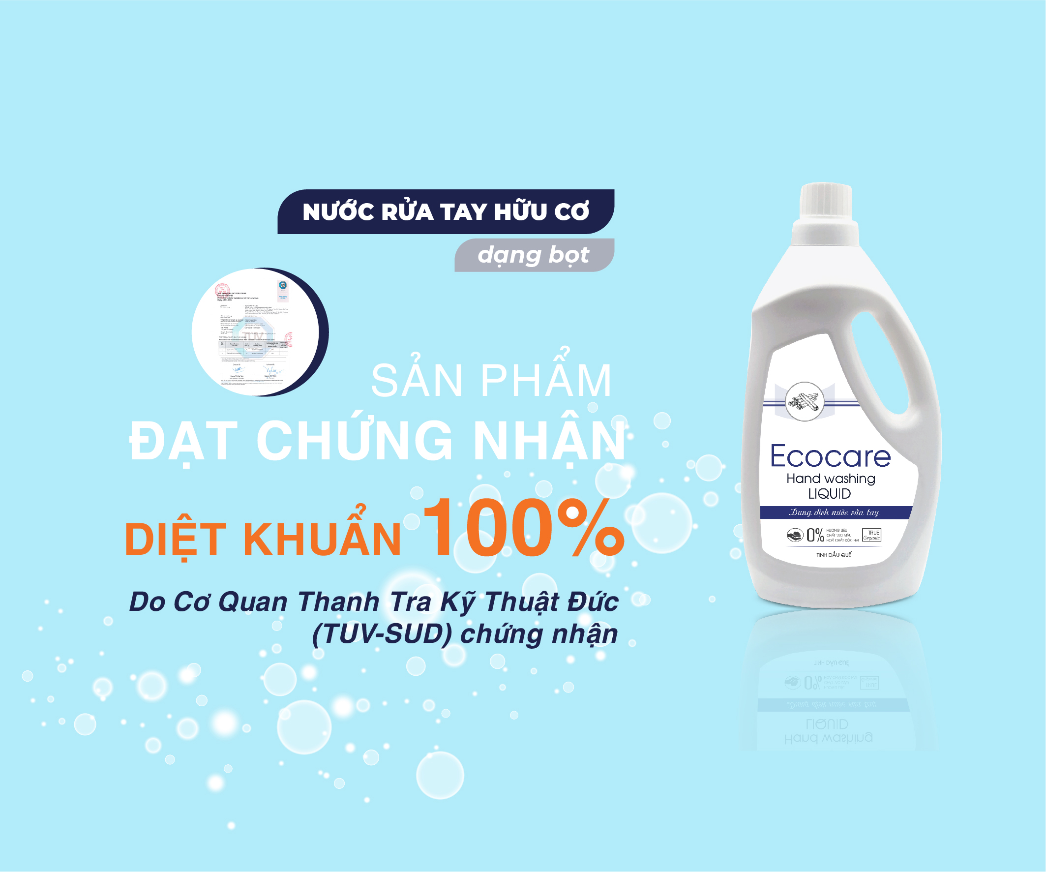 Nước rửa tay Hữu cơ diệt khuẩn dạng bọt Tinh dầu Thiên nhiên Cam/Quế/Nhài 1000ml thương hiệu ECOCARE ( tặng kèm vỏ tạo bọt)