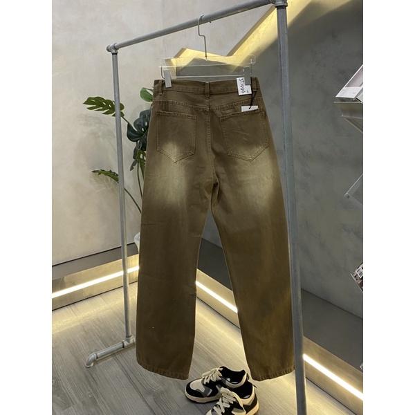 Quần jeans ống rộng jean nam nâu phối loang trắng