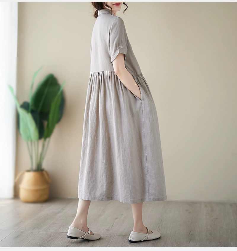 Đầm linen dáng dài, suông công sở cổ tròn linen tay cộc kèm dây eo, đầm đũi form rộng Haint Boutique Da169