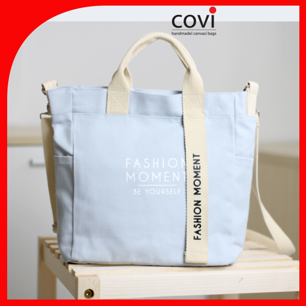 Túi vải Hàn Quốc, túi đeo chéo vải canvas phối chữ Fashion Moment thời trang Covi nhiều màu sắc T11-M-Màu Xanh bầu trời