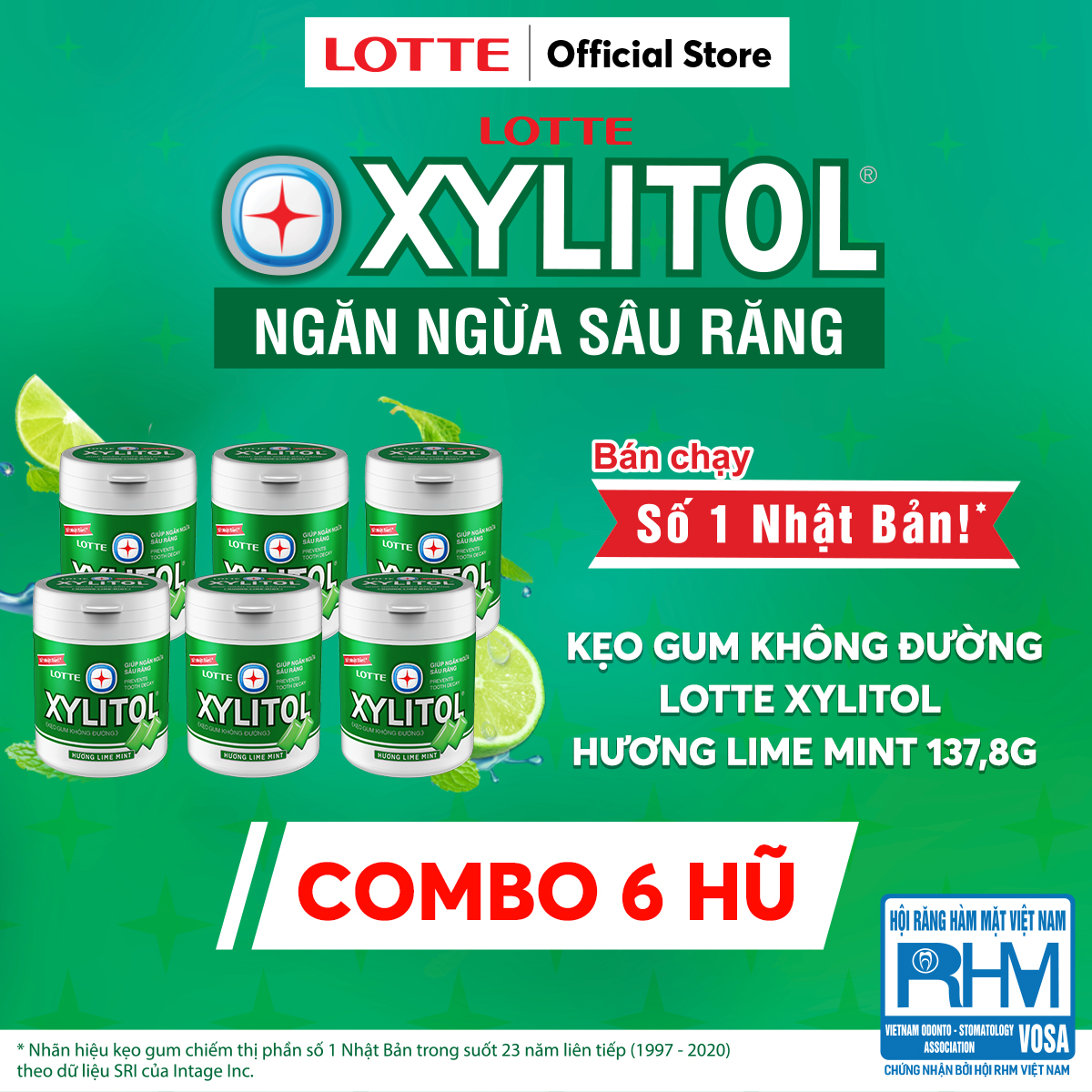 Combo 6 hũ Kẹo Gum không đường Lotte Xylitol - Hương Lime Mint 130,5 g