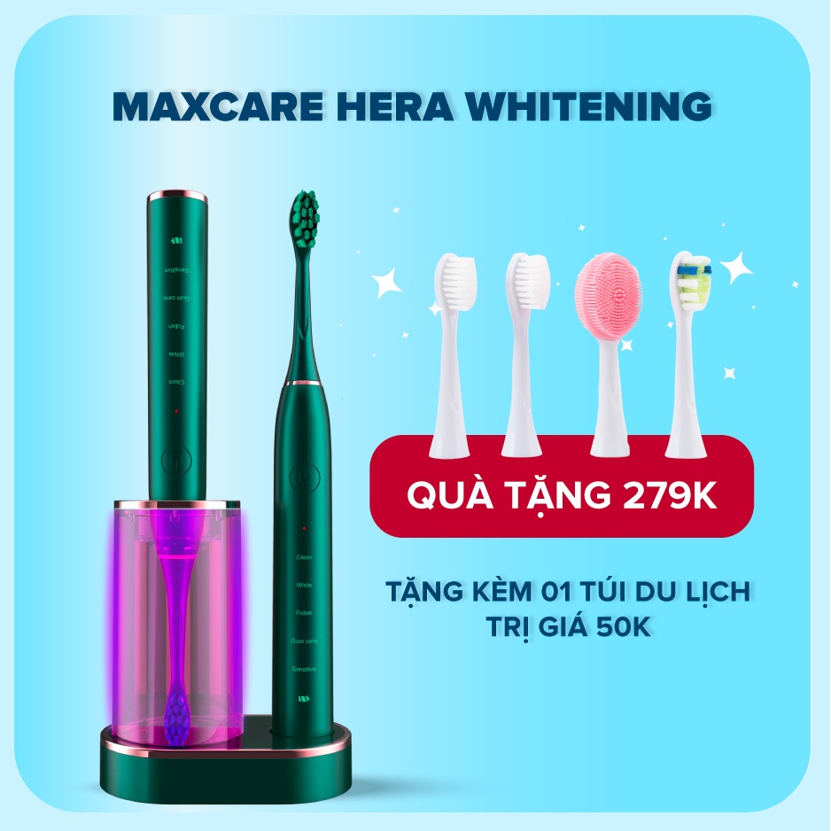 Bàn chải điện MAXCARE Hera Whitening diệt khuẩn sấy khô UVC tự động tặng kèm bộ bàn chải và túi du lịch