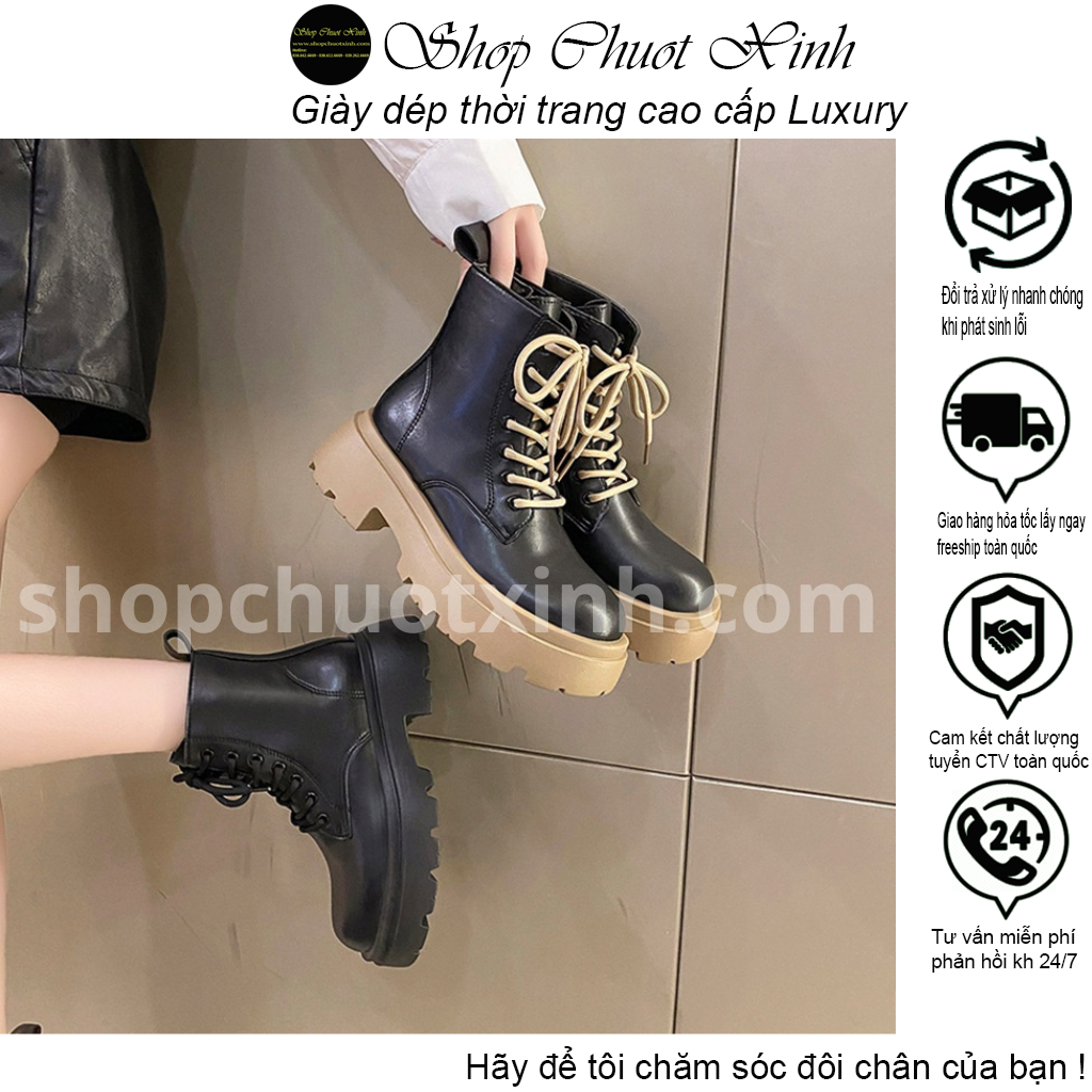 Bốt nữ cổ cao MARTIN chất da lì mềm, khóa sườn phong cách tuổi teen hai màu đen và đen đế nâu ban trung shopchuotxinh