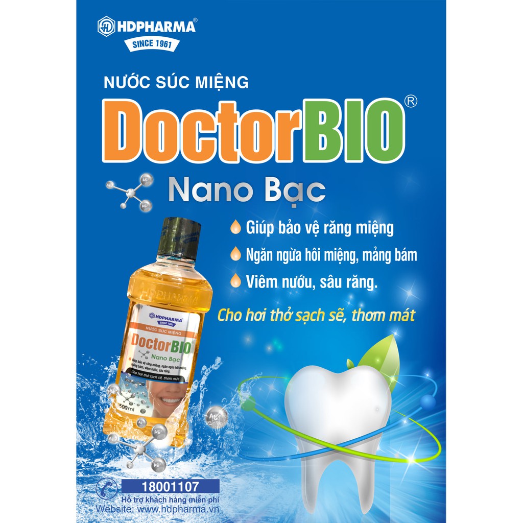 Nước Súc Miệng DoctorBio Nano Bạc - HDPHARMA - Kháng khuẩn, Ngừa Hôi Miệng, Mảng Bám, Sâu Răng (500 ml)