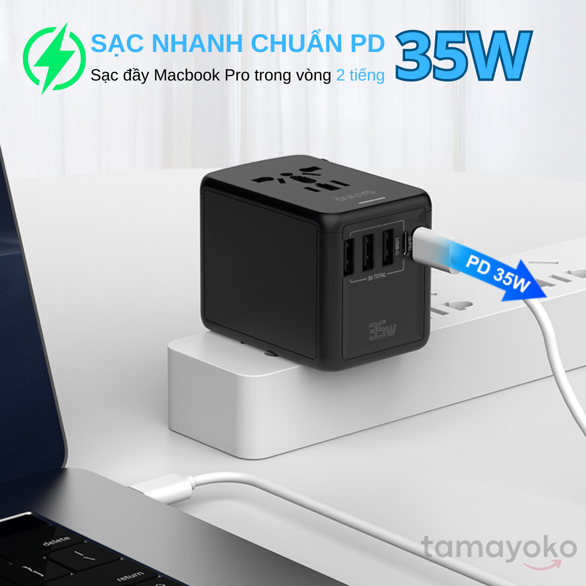 Ổ cắm điện Tamayoko sạc nhanh PD 35W Type C + USB cắm tải 2000W cho điện thoại/máy tính/ thiết bị gia dụng cỡ nhỏ