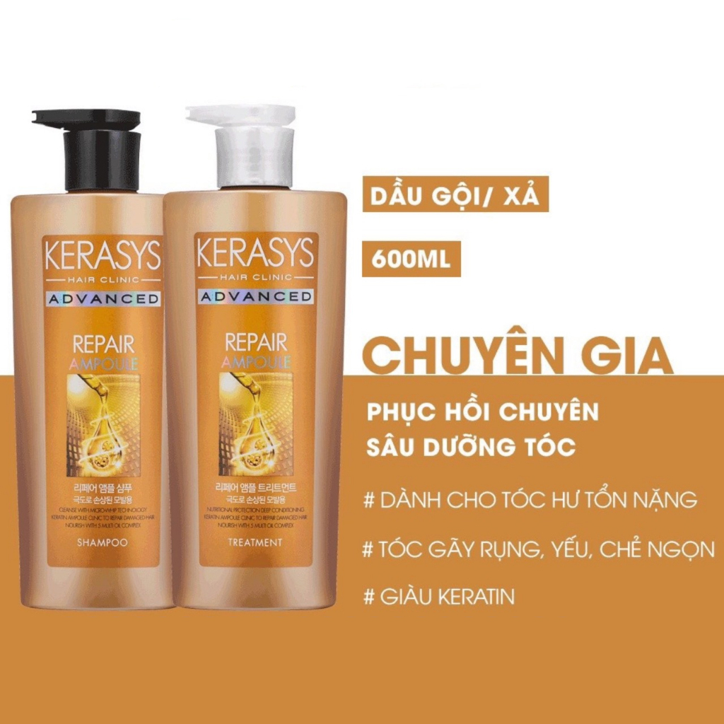 Dầu gội xả phục hồi chuyên sâu dưỡng tóc hư tổn nặng Kerasys Advanced Repair Ampoule Hàn Quốc 600ml