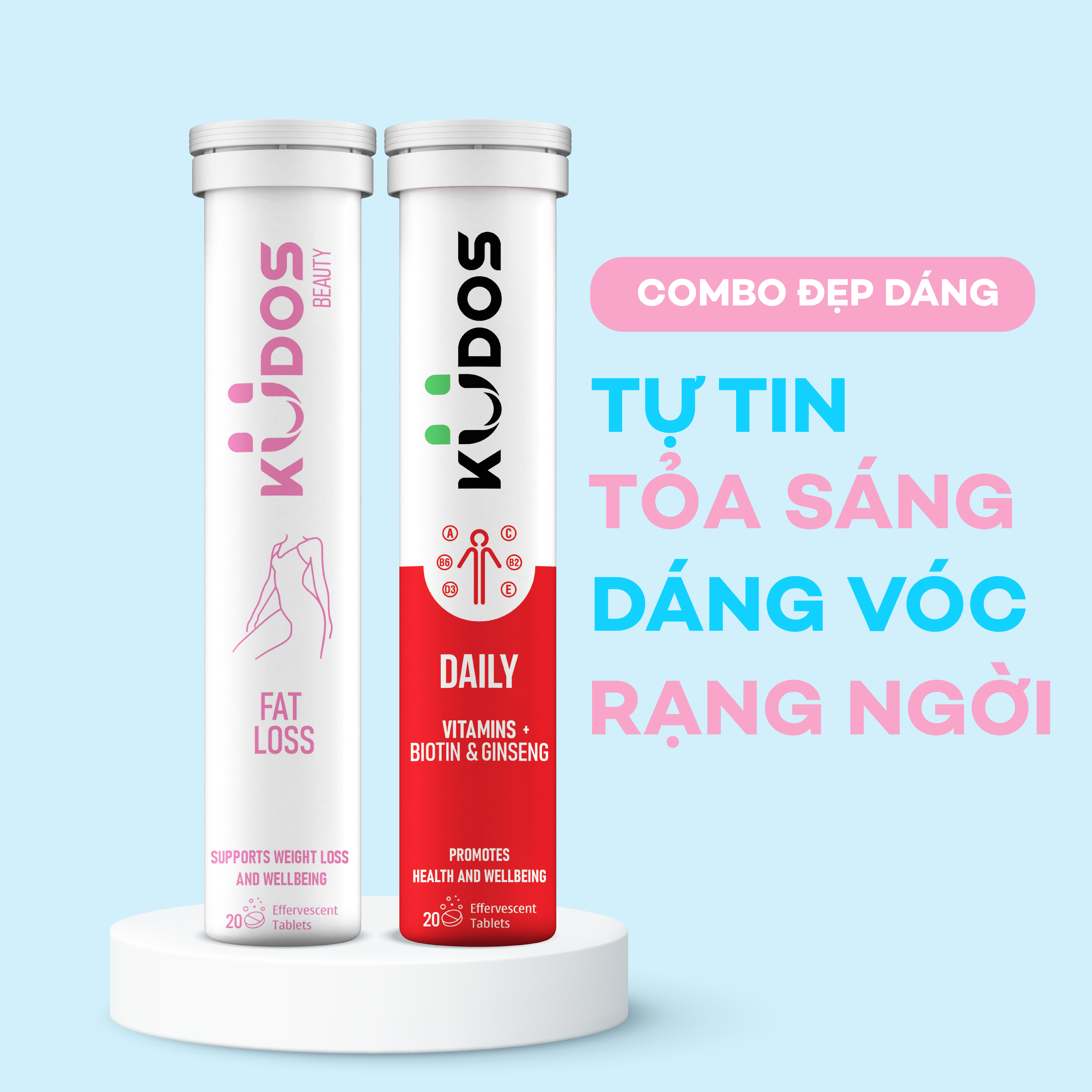 Combo Đẹp Dáng - Viên sủi giảm câ .n KUDOS FAT LOSS + Viên sủi vitamin tổng hợp và Nhân sâm KUDOS DAILY