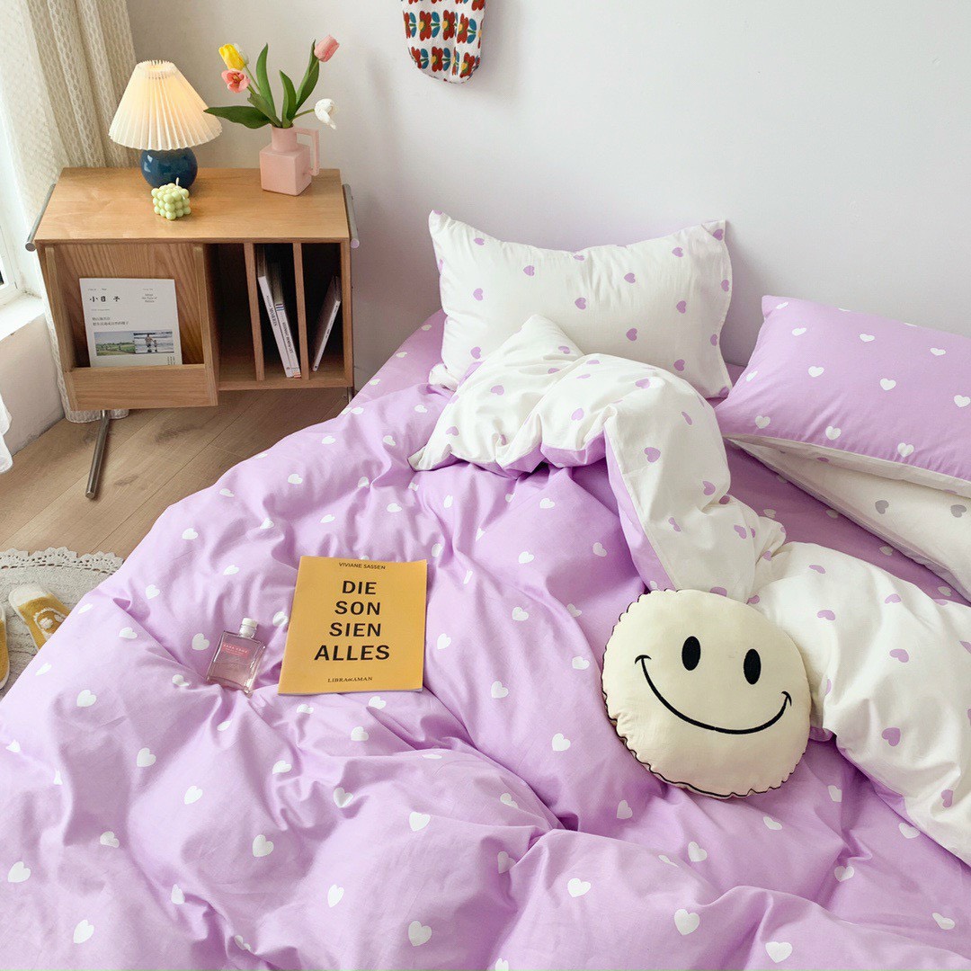 Bộ chăn ga gối 2 mặt cotton LIDACO PL1 - Tim tím trắng SP001451