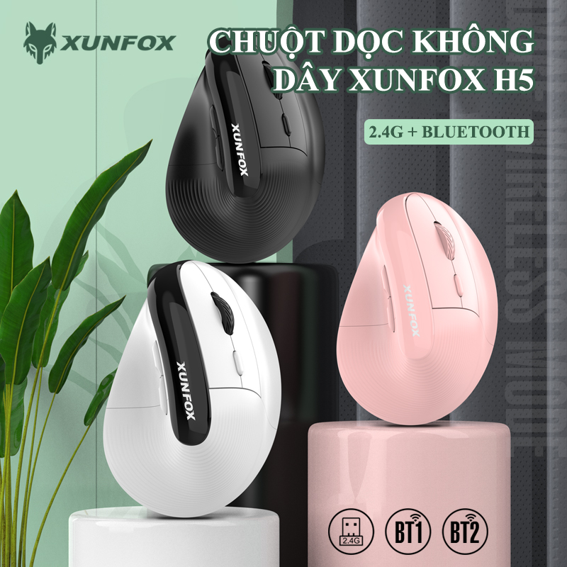 Chuột dọc không dây XUNFOX H5 kết nối 3 chế độ Bluetooth+2.4G sử dụng pin sạc kèm theo 5 mức độ nhạy lên đến 4000DPI - Hàng Chính Hãng