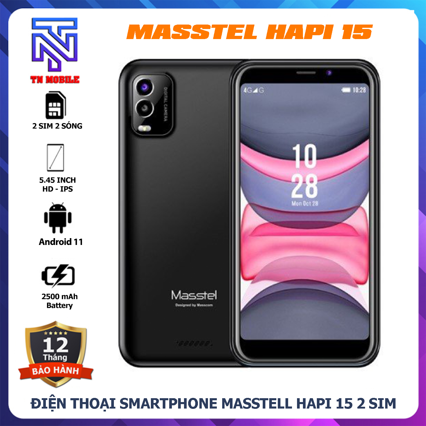 Điện thoại smartphone Masstel Hapi 15 (2GB/16GB) - 2 Sim, Tặng kèm ốp lưng - Hàng chính hãng - Bảo hành chính hãng