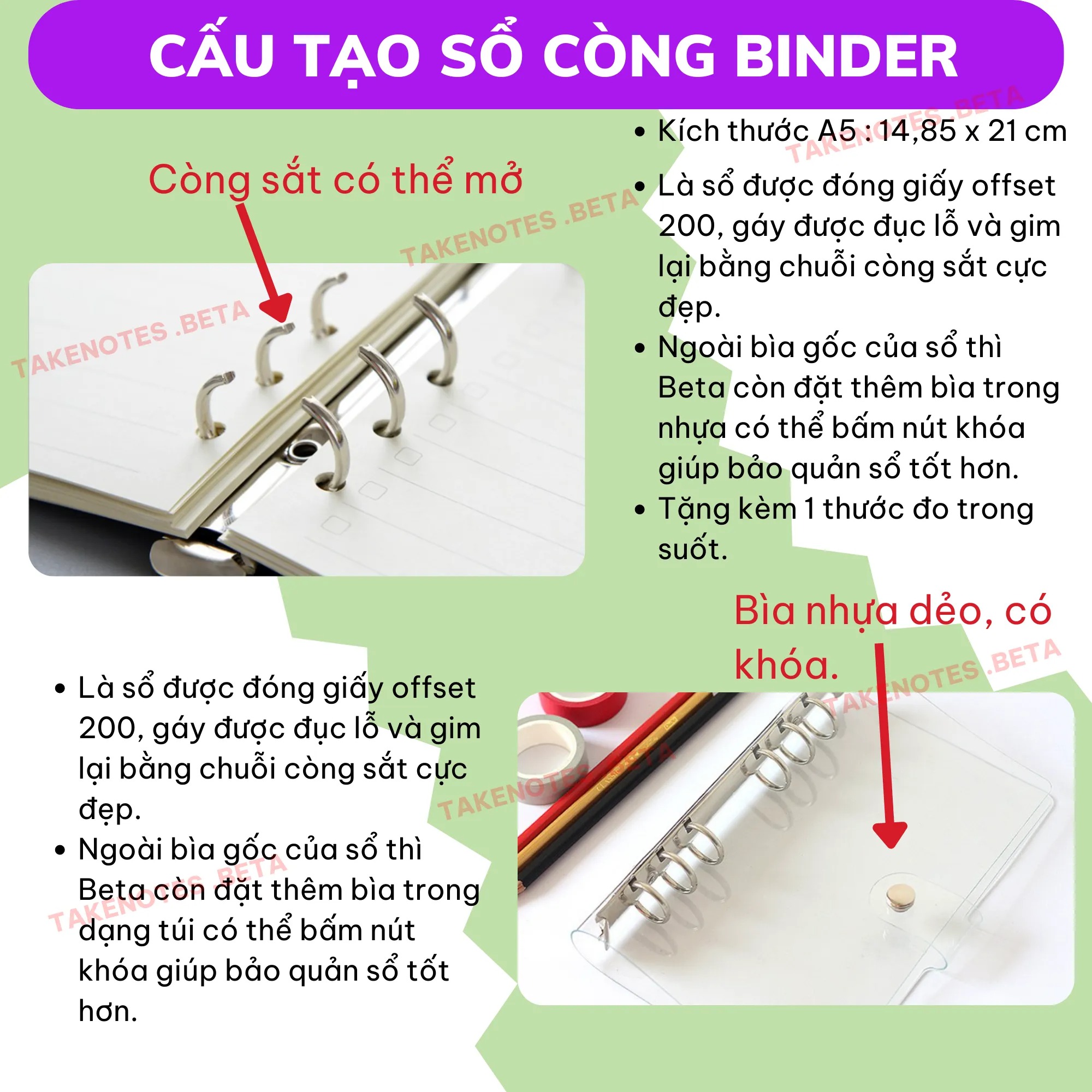 Sổ Takenote Văn 9 tổng hợp công thức trang trí sticker dễ hiểu- 2 loại sổ lò xo bìa trong Beta, sổ còng đóng Binder