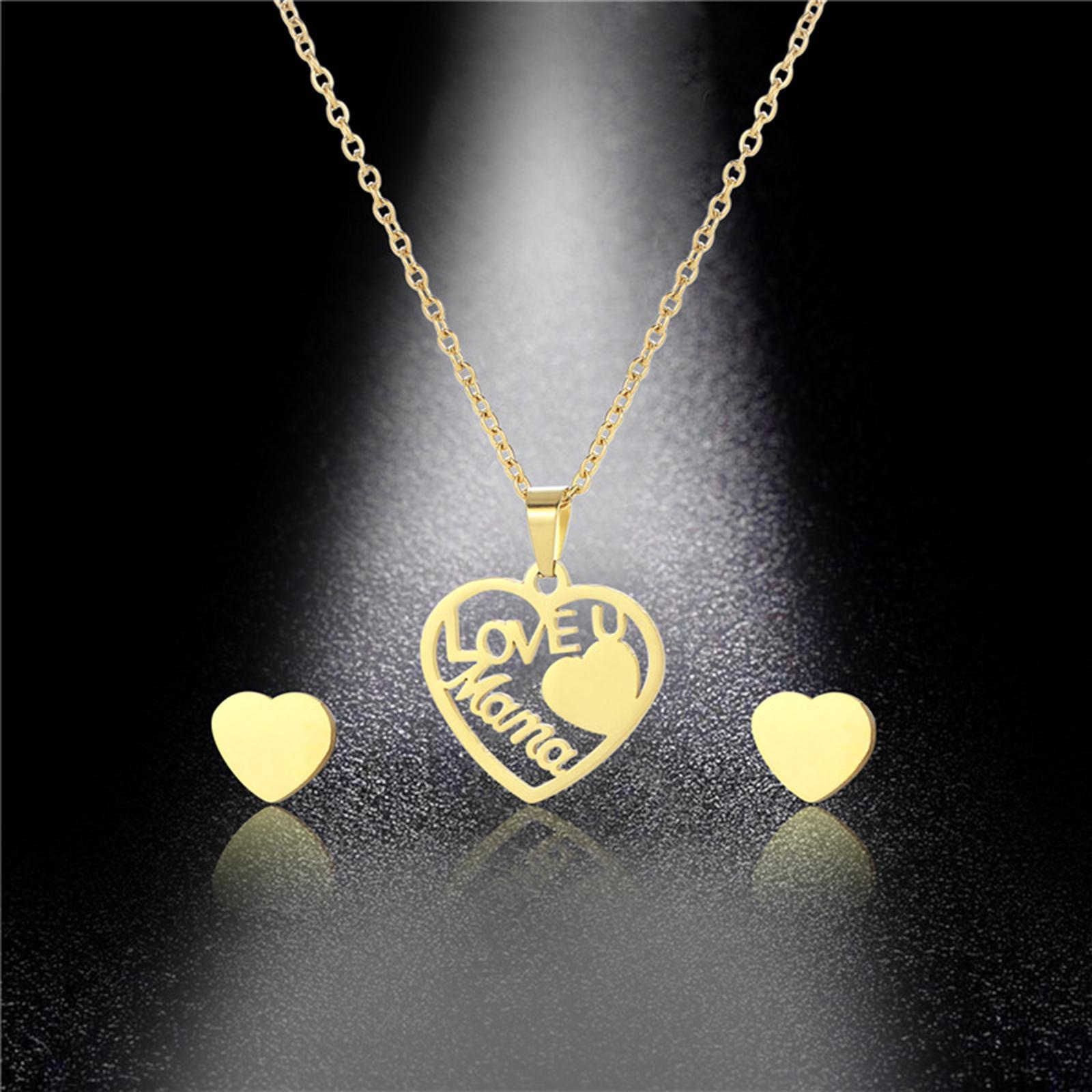 Love Mom Pendant with 2 Ear Stud Earrings Mother's Jewelry Stainless Steel