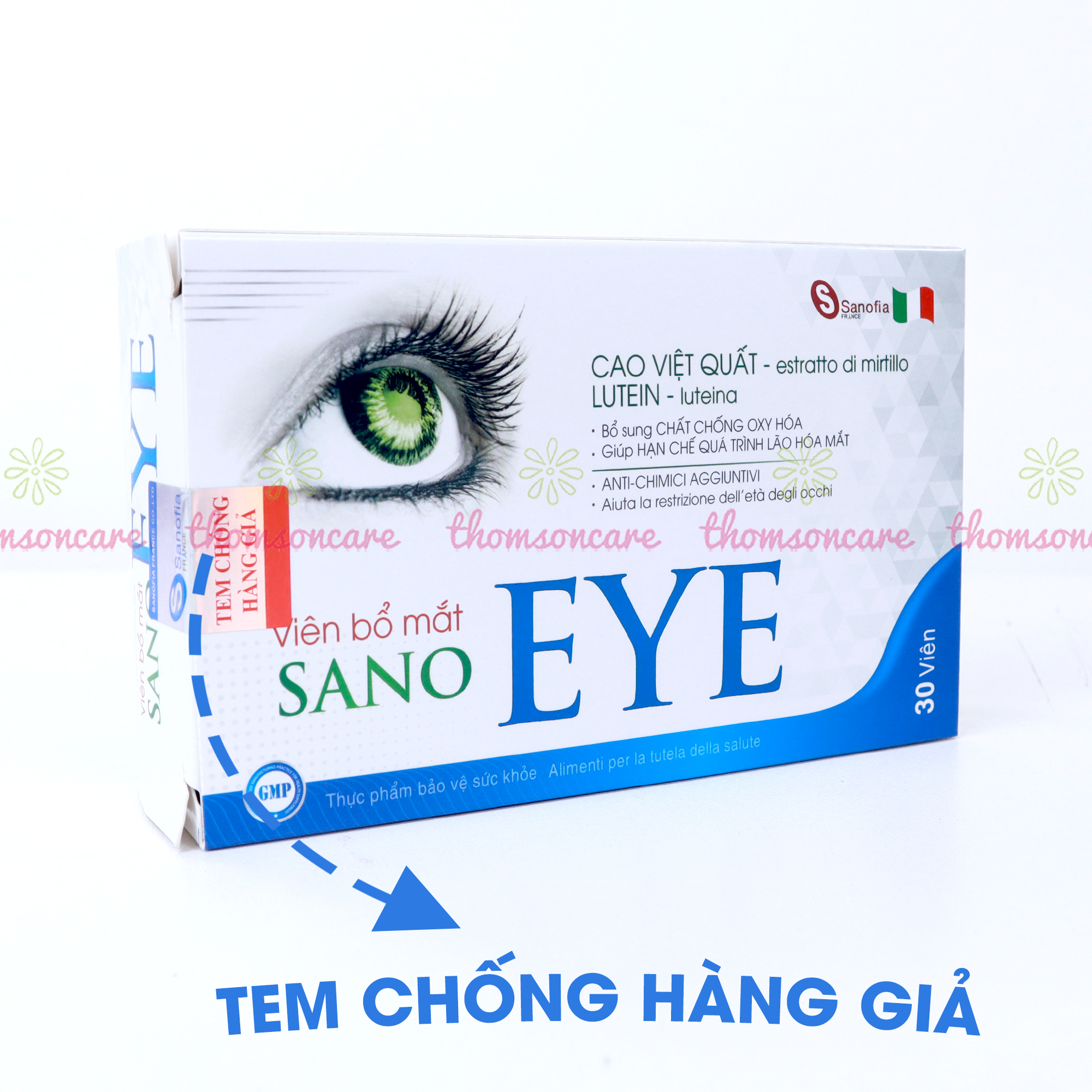 Viên uống bổ mắt SanoEye - Giúp cải thiện thị lực, mờ mắt, chống khô mắt, loạn thị từ dầu cá, việt quất - Hộp 30 viên Thomsoncare