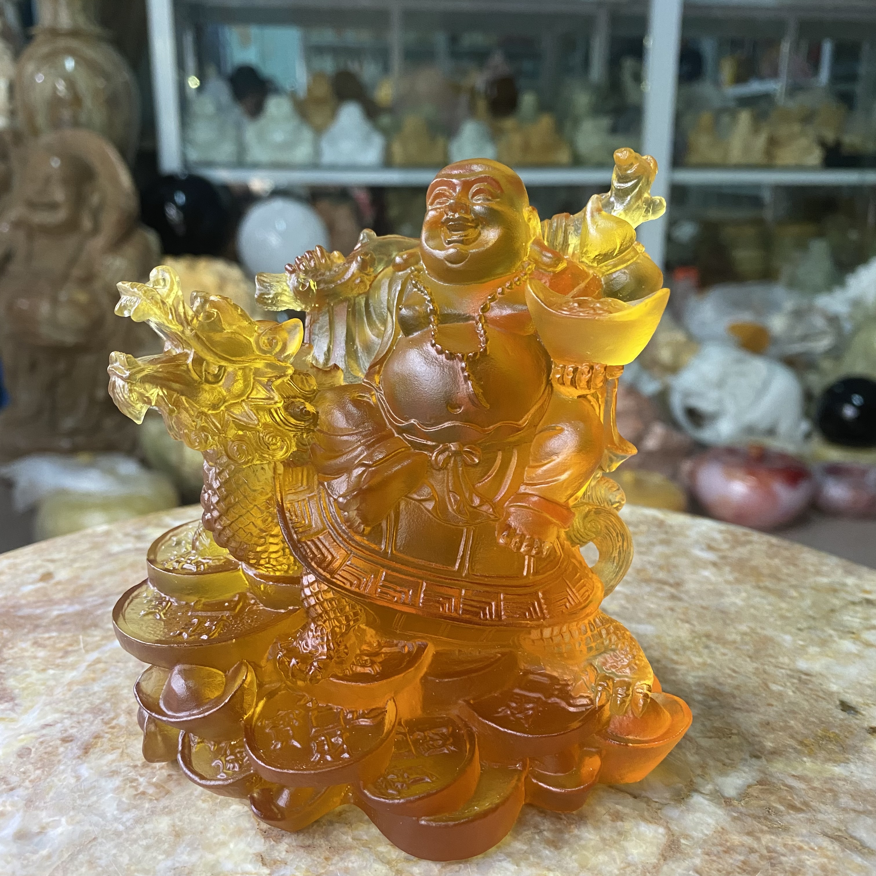Tượng Cụ Di Lặc Cưỡi Long Quy Lưu Ly - cao 11.5cm, ngang 11.5cm