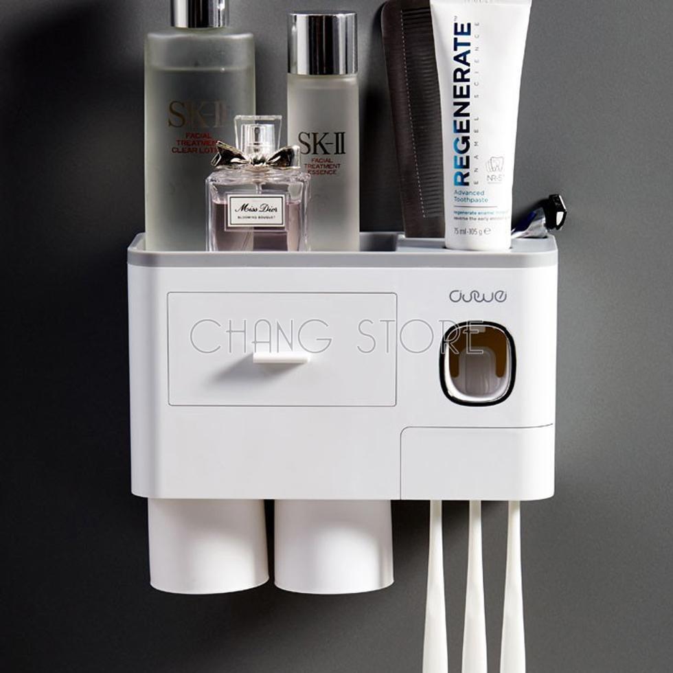 Bộ nhả kem đánh răng tự động cao cấp phân loại 2, 3, 4 cốc, Kệ để đồ nhà tắm hút chân không chắc chắn