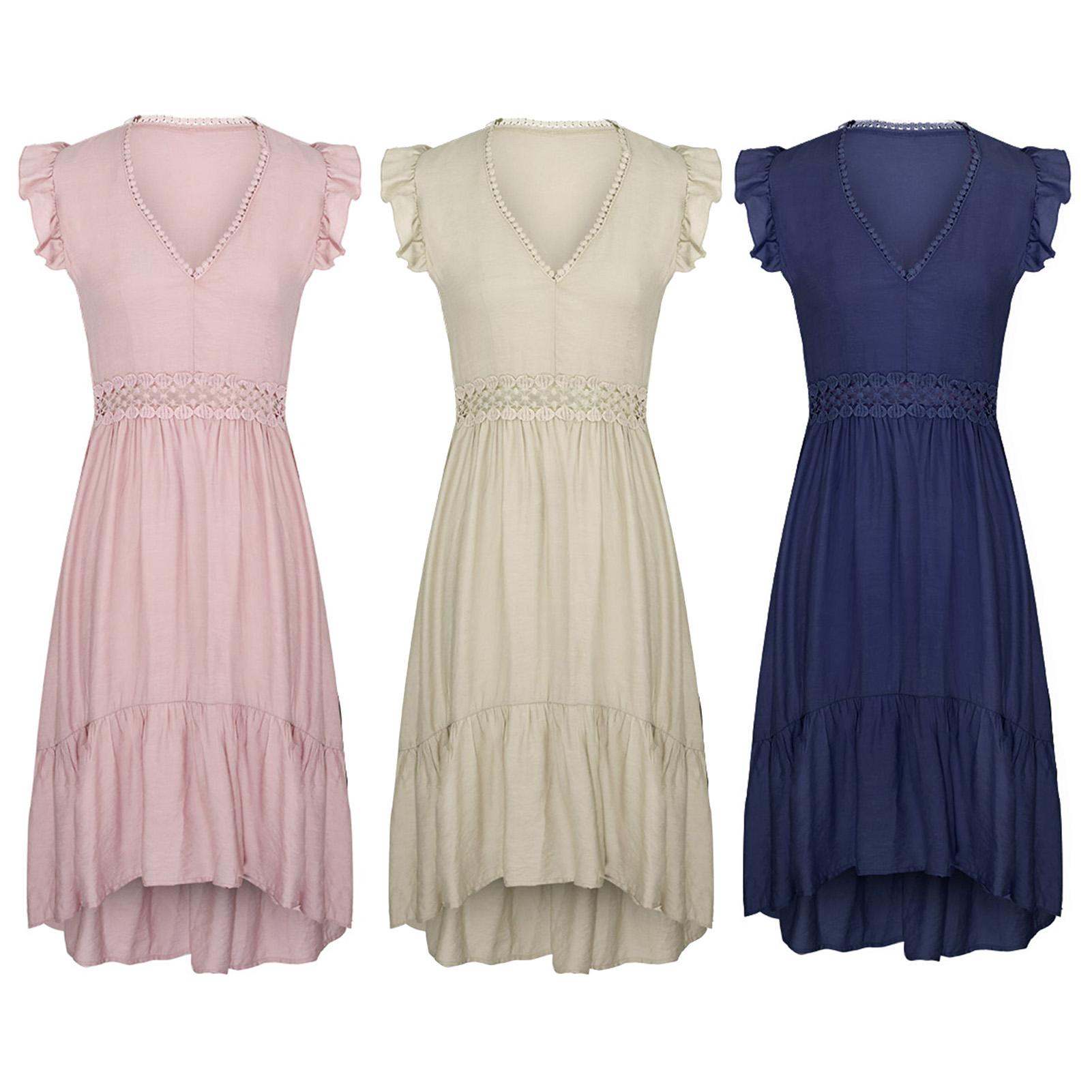 Women Midi Dress V-Neck Sleeveless Elastic Waist Ruffle Hem Dress Lace Splicing Solid Color Cute Casual Dress