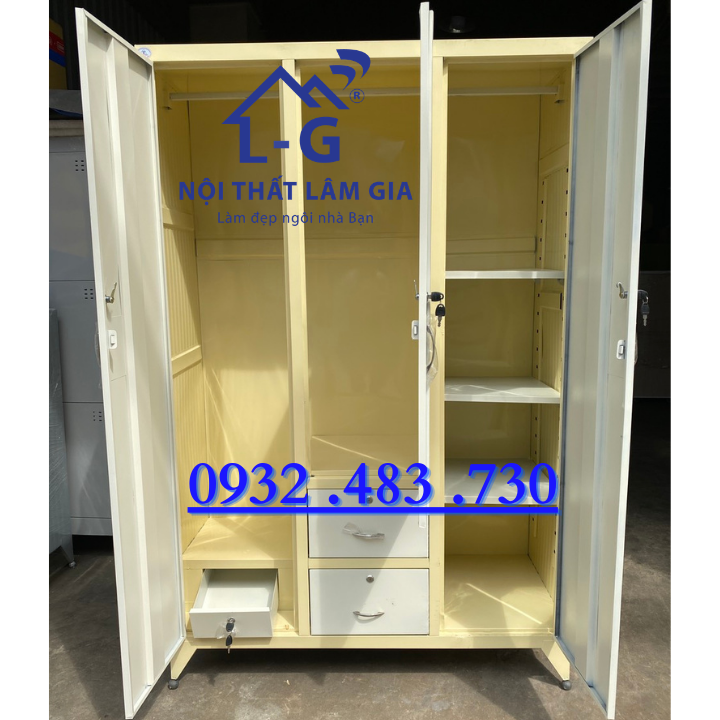 Tủ sắt quần áo 3 cánh sơn tĩnh điện cao cấp 2 hộc âm màu xanh biển