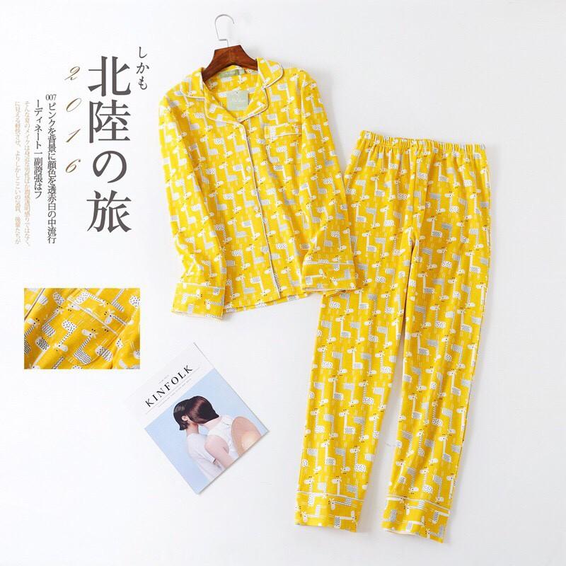 Bộ Pyjama thun cotton vàng họa tiết