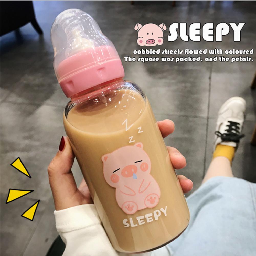 Hoạt Hình Dễ Thương Bình Nước Thủy Tinh Núm Vú Giả Ống Hút Cốc Thích Hợp Cho Người Lớn Trẻ Em Sữa Chai Thủy Tinh Cho Bé Chai
