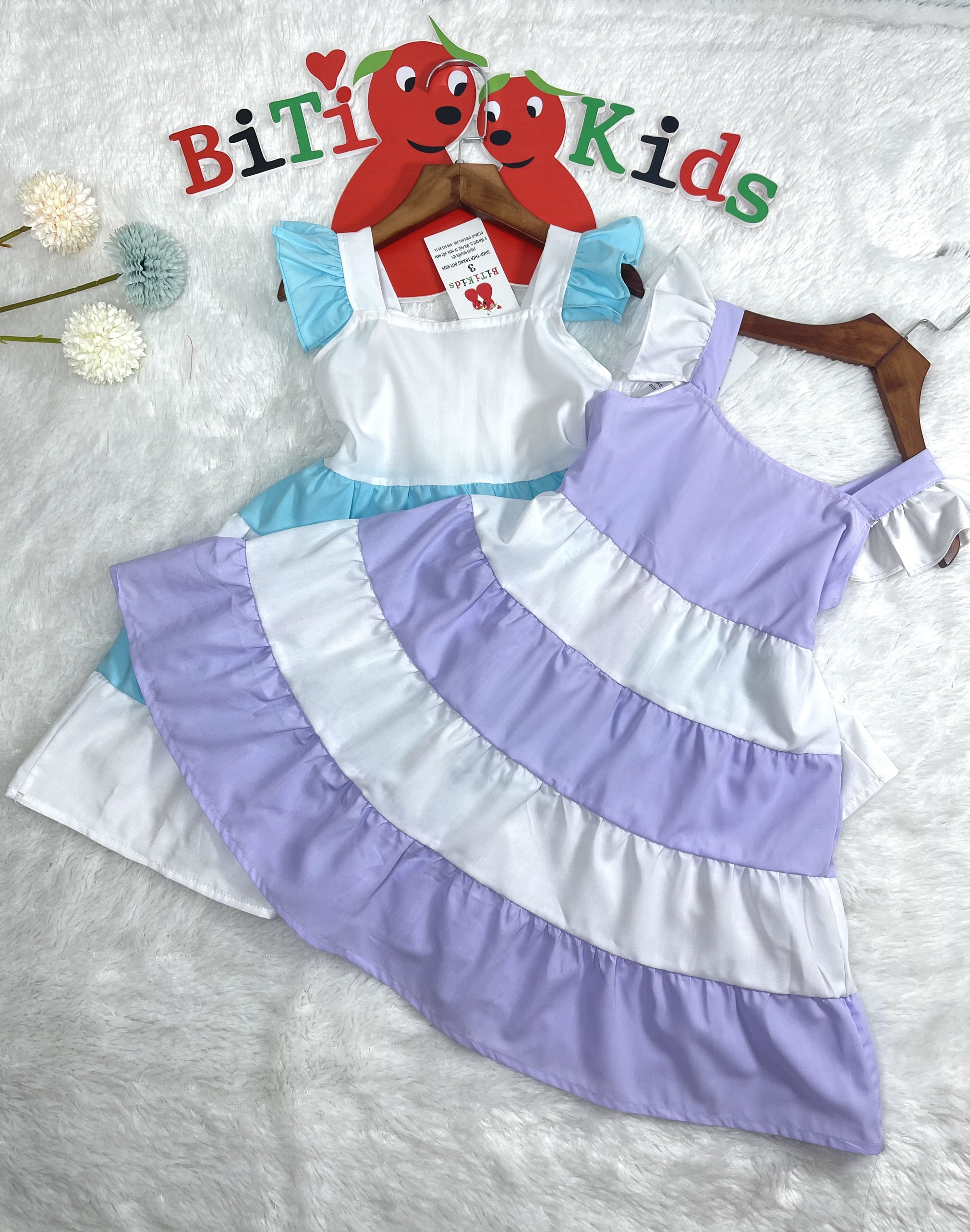 Đầm bé gái,váy trẻ em, phối 2 màu trắng xanh và trắng tím dễ thương vải kate cotton size 0 đến 8 tuổi