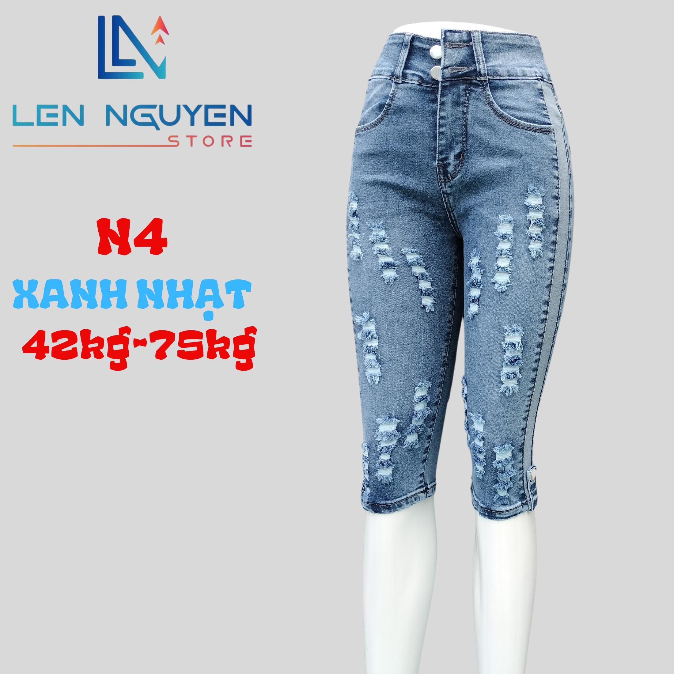 N4_Quần jean nữ, ngố 7 tất, lưng cao, quần bò nữ dáng ôm, quần rin nữ có big size, cho 42kg đến 75kg - Xanh Nhạt