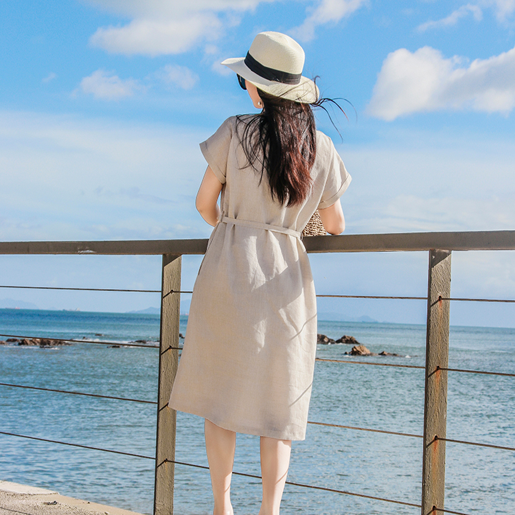Váy linen cổ V- Đầm midi linen suông Đũi Việt