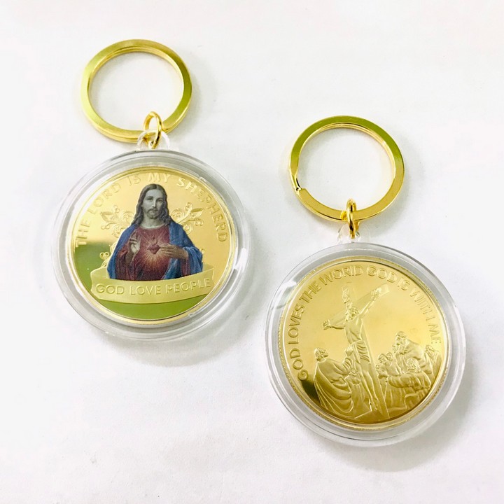 Móc khóa xu Thánh Tâm Chúa Giêsu Kitô in màu, dùng làm móc khóa, giúp mang lại may mắn, bình yên, sự bảo vệ - TMT Collection - SP005206