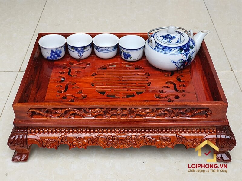 Khay trà gỗ hương chạm rồng chân quỳ