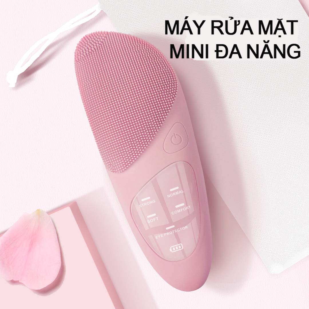 Máy rửa mặt cầm tay đa năng 5 in 1 - Máy rửa mặt mini thông minh đầu Silicon mềm mịn làm sạch sâu, nén nóng massage mắt giảm nếp nhăn, thư giãn mắt- Máy rửa mặt cầm tay làm sạch da, đẩy tinh chất , ngăn mụn