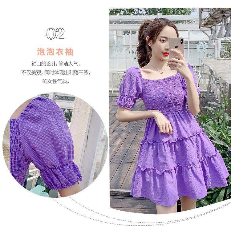 CHENGRUI Phụ nữ mùa hè 2023 Square Neck Pleated Bubble Sleeve Thu hẹp eo Khoai tây tím Vintage Pháp Orange Terrier Dress