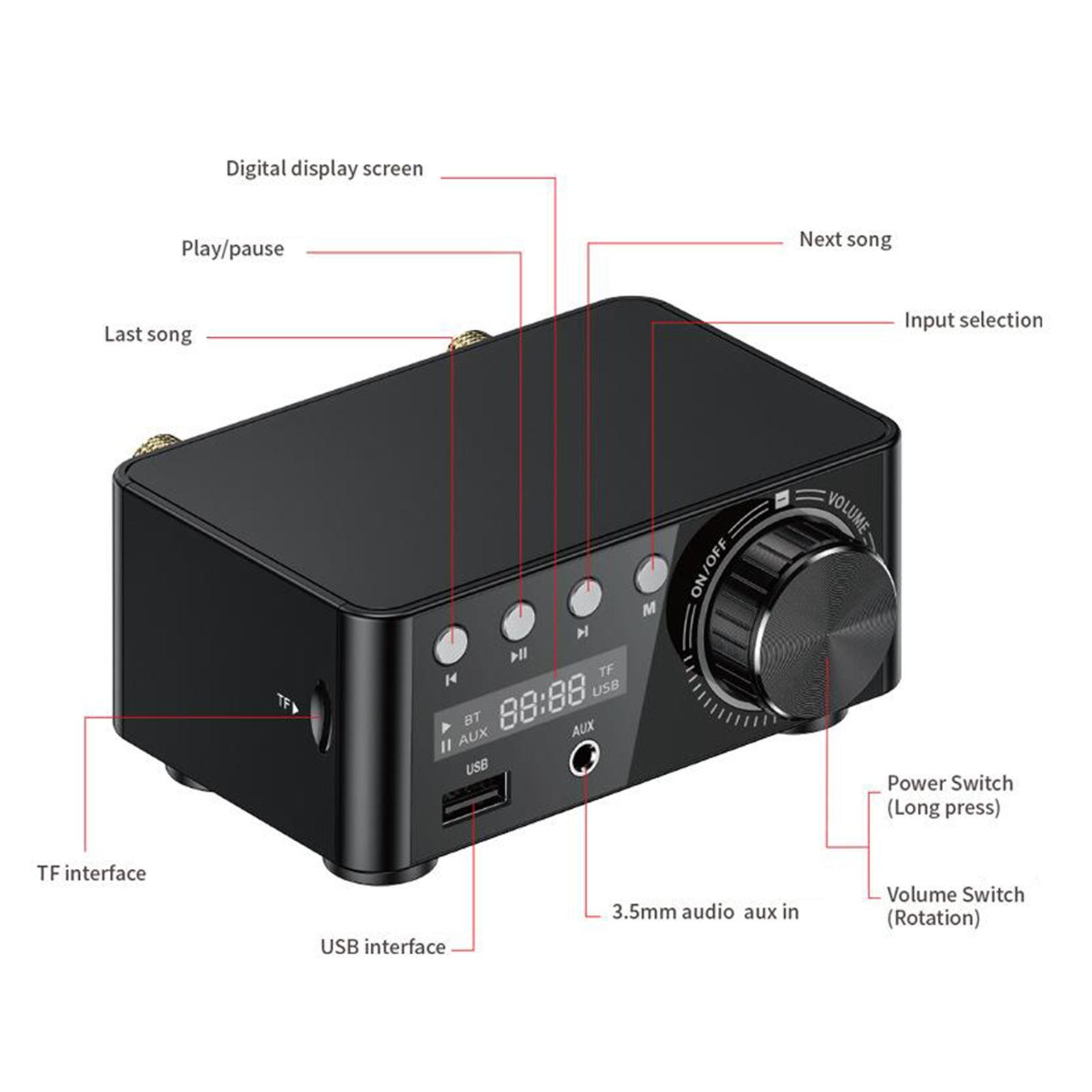 TPA3116 Digital 50Wx2 100W Bluetooth 5.0 Power Amplifier Hi-Fi Stereo 2.0 Channel Wireless TF USB
